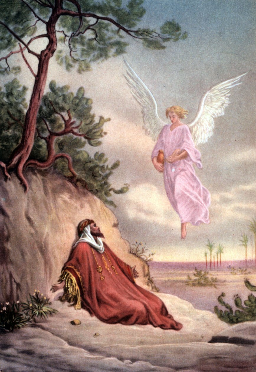 Sarja raamatullisia opettavaisia postikortteja 50-luvulla , tehty kuvataiteen jälkeen: tässä Gustave Doren "Elian pelastama enkeli" jälkeen. tekijältä Gustave Dore