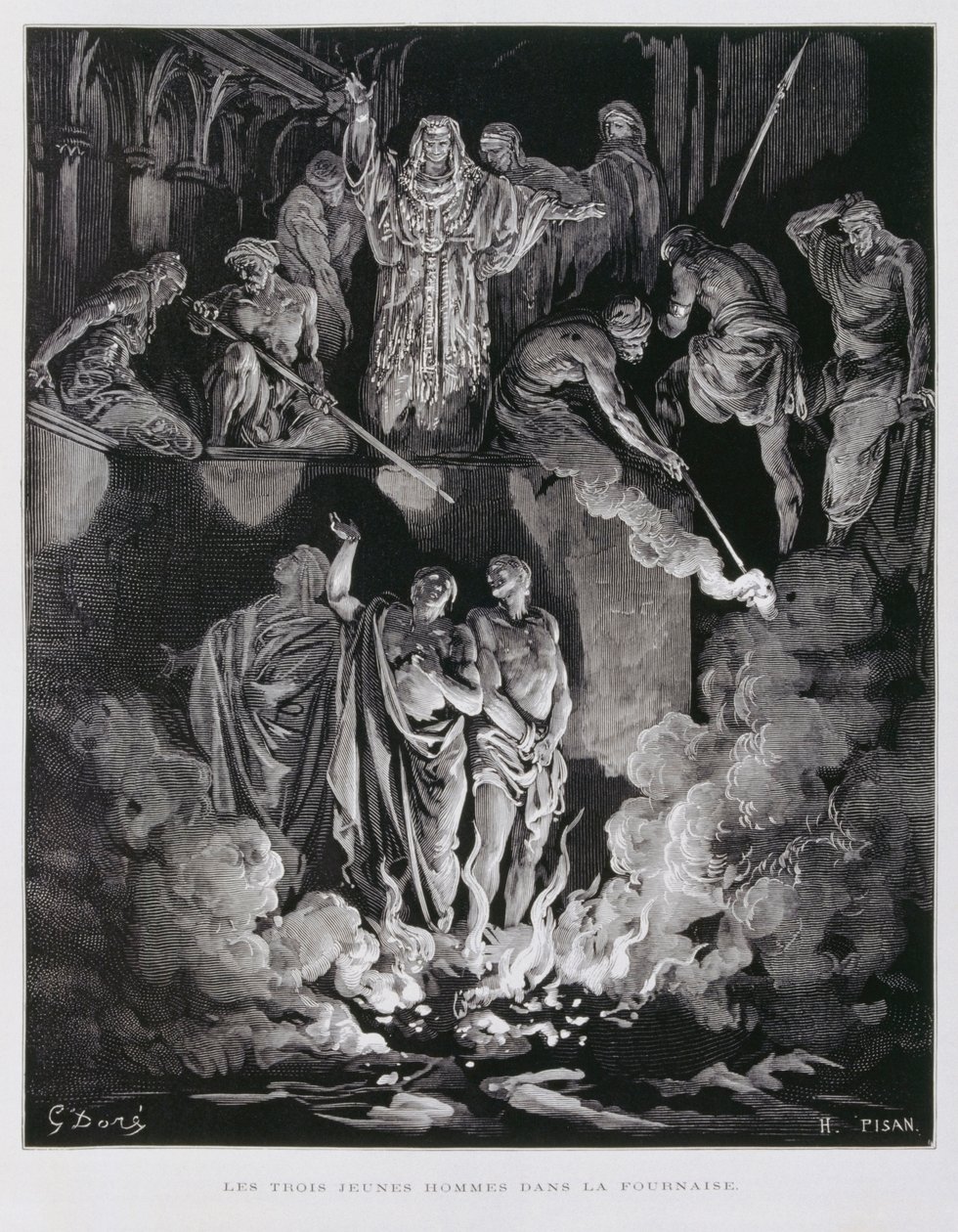 Sadrak, Meesak ja Abednego tulisessa uunissa, kuvitus Doren Raamatusta tekijältä Gustave Dore