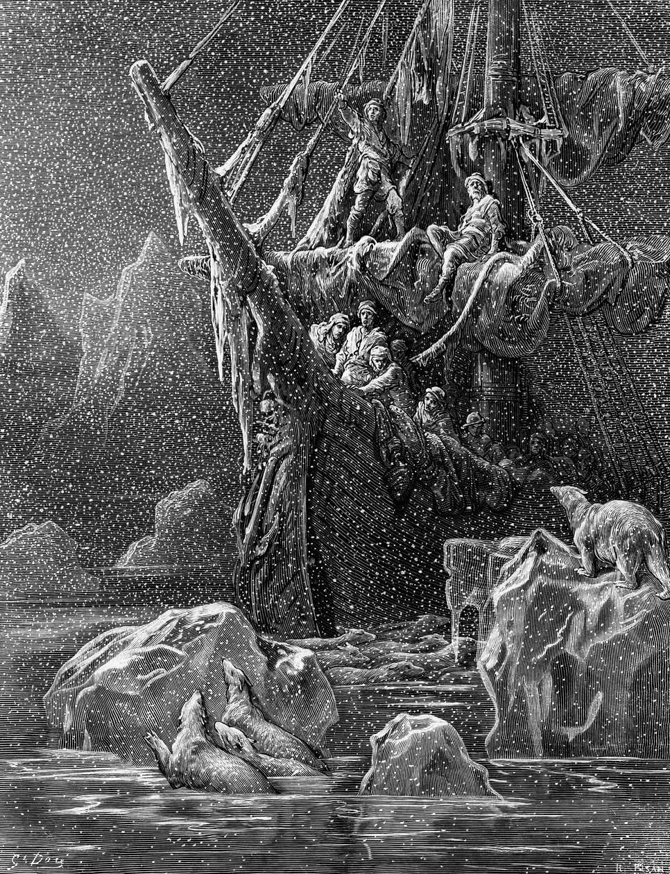 Laiva Antarktiksella, kohtaus S.T. Coleridgen teoksesta "The Rime of the Ancient Mariner", kirjoittanut S.T. Coleridge, julkaissut Harper und Brothers, New York, 1876 (puukaiverrus). tekijältä Gustave Dore