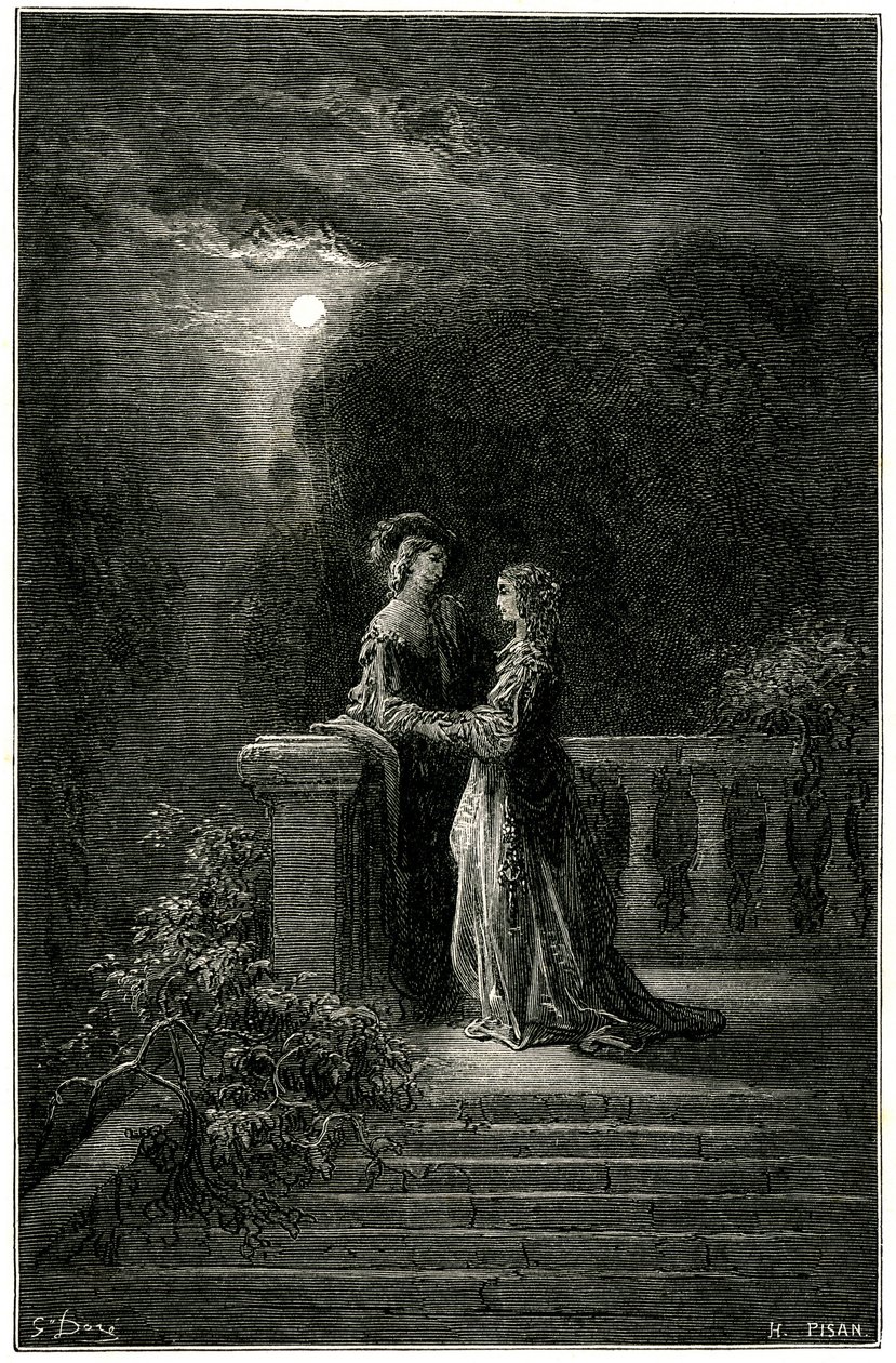 Sigognac ja Isabelle: rakastavaiset vihdoin yhdistyvät kuunvalossa. Lopulta rakkaus voittaa! Gustave Doren kaiverrus, joka kuvittaa Theophile Gautierin pikareskiromaania "Le capitaine Fracasse", edition Charpentier 1863. tekijältä Gustave Dore