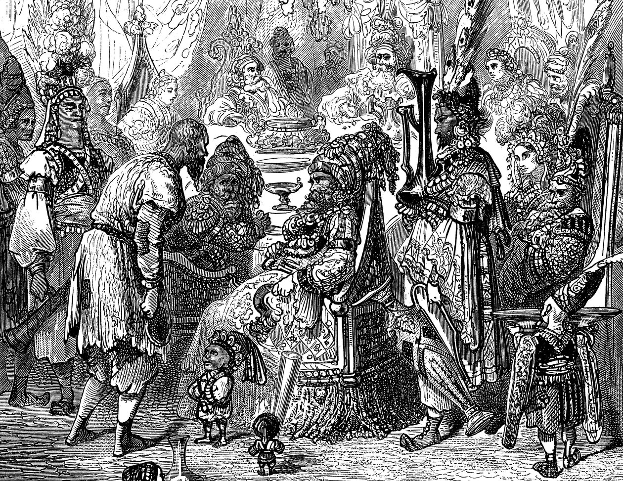 Sindbad the sailor (Sinbad) - tarina tuhannesta ja yhdestä (1001) yöstä - Gustave Doren kuvitus (yksityiskohta) - Maxwellin painos 1865 - Prologi: köyhä kantaja (Hinbad) ilmestyy Sindbadin eteen, joka on tullut vanhaksi ja rikkaaksi. Jälkimmäinen kertoo hä tekijältä Gustave Dore