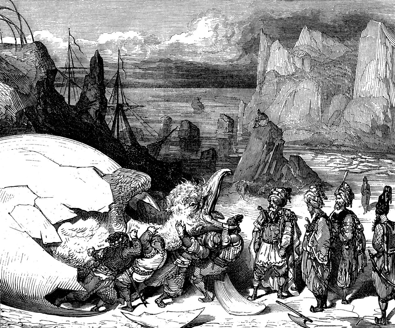 Sindbad the sailor (Sinbad) - tarina tuhannesta ja yhdestä (1001) yöstä - Gustave Doren kuvitus (yksityiskohta) - Maxwellin painos 1865 - Viides matka: Sindbadin mukana olevat kauppiaat rikkovat lintujättiläisen Rocin jättimäisen munan kuoren poimiakseen s tekijältä Gustave Dore