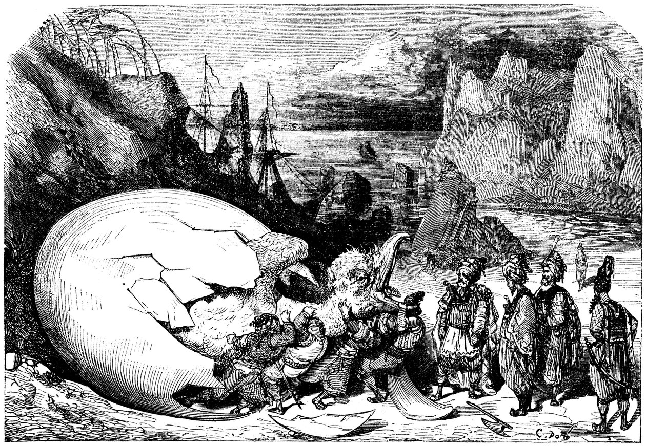 Sindbad the sailor (Sinbad) - tarina tuhannesta ja yhdestä (1001) yöstä - kuvitus Gustave Dore - Maxwellin painos 1865 - Viides matka: Sindbadin mukana olevat kauppiaat rikkovat lintujätti Rocin jättimäisen munan kuoren poistaakseen siitä valtavan vauvan. tekijältä Gustave Dore