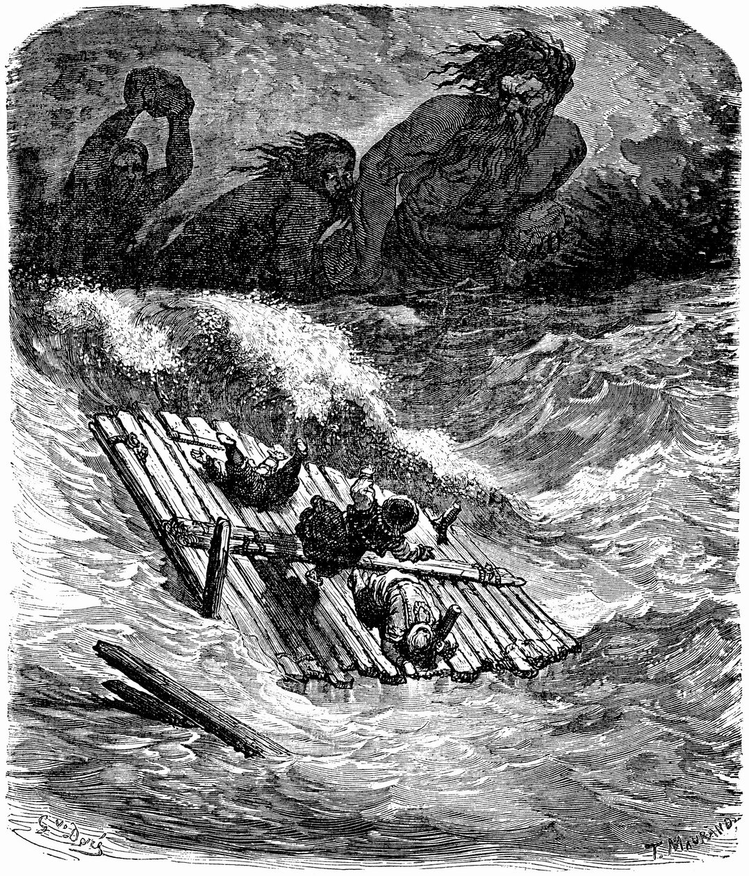 Sindbad the sailor (Sinbad) - tarina tuhannesta ja yhdestä (1001) yöstä - kuvitus Gustave Dore - painos Maxwell 1865 - Kolmas matka: Sindbad ja hänen seuralaisensa ovat lähteneet lauttaan ja joutuvat jättiläisten jahtaamiksi, jotka heittelevät heitä valtav tekijältä Gustave Dore