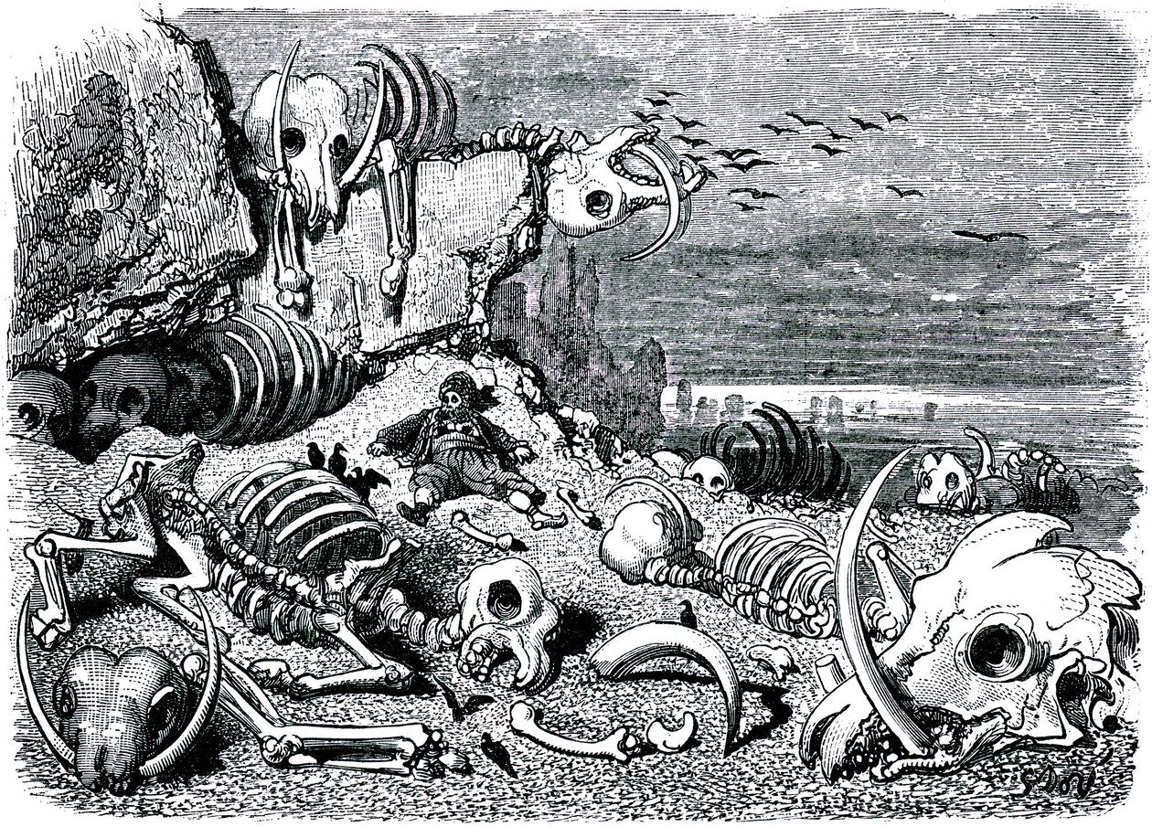 Sindbad the sailor (Sinbad) - tarina tuhannesta ja yhdestä (1001) yöstä - kuvitus Gustave Dore - painos Maxwell 1865 - Seitsemäs ja viimeinen matka: norsujen hautausmaa, jossa Sindbad saa norsunluupuolustukset talteen tekijältä Gustave Dore