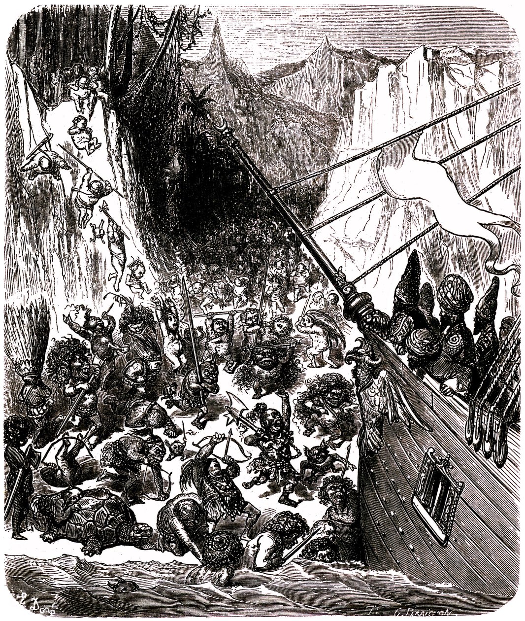Sindbad the sailor (Sinbad) - tarina tuhannesta ja yhdestä (1001) yöstä - Gustave Doren kuvitus - Kolmas matka: myrsky heittää Sindbadin ja hänen seuralaisensa laivan saarelle, jossa heitä vastaan hyökkää joukko pieniä ja kammottavia olentoja. tekijältä Gustave Dore