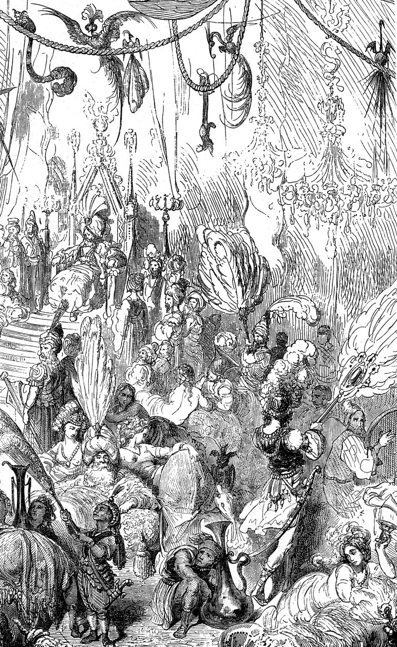 Sindbad the sailor (Sinbad) - tarina tuhannesta ja yhdestä (1001) yöstä - Gustave Doren kuvitus - Maxwellin painos 1865 - kuudes matka - tämä kaiverrus voi esittää Serendibin kuninkaan hovia tai kalifi Haroun al-Rashidin (Harun al-Rashid) hovia. tekijältä Gustave Dore