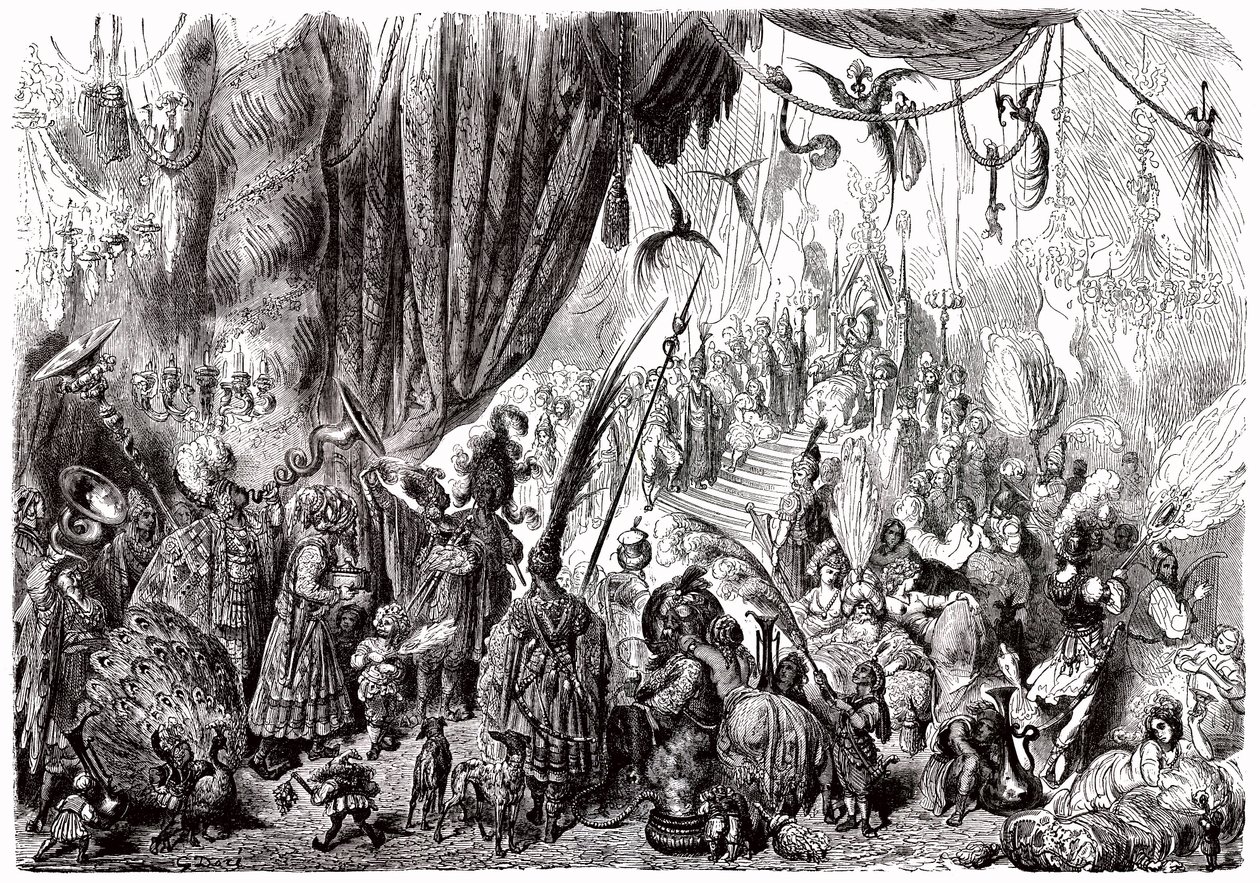 Sindbad the sailor (Sinbad) - tarina tuhannesta ja yhdestä (1001) yöstä - Gustave Doren kuvitus - Maxwellin painos 1865 - Kuudes matka: Serendibin kuninkaan hovi tekijältä Gustave Dore