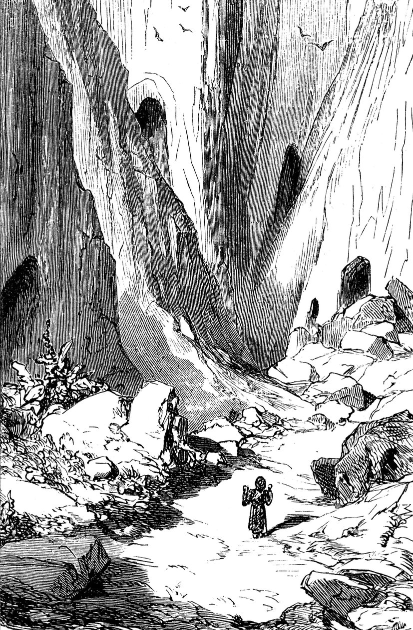 Sindbad the sailor (Sinbad) - tarina tuhannesta ja yhdestä (1001) yöstä - Gustave Doren kuvitus - painos Maxwell 1865 - Toinen matka: Sindbad löytää laakson, jossa on timantteja, mutta jossa on valitettavasti jättiläiskäärmeitä. Hän ottaa refu tekijältä Gustave Dore