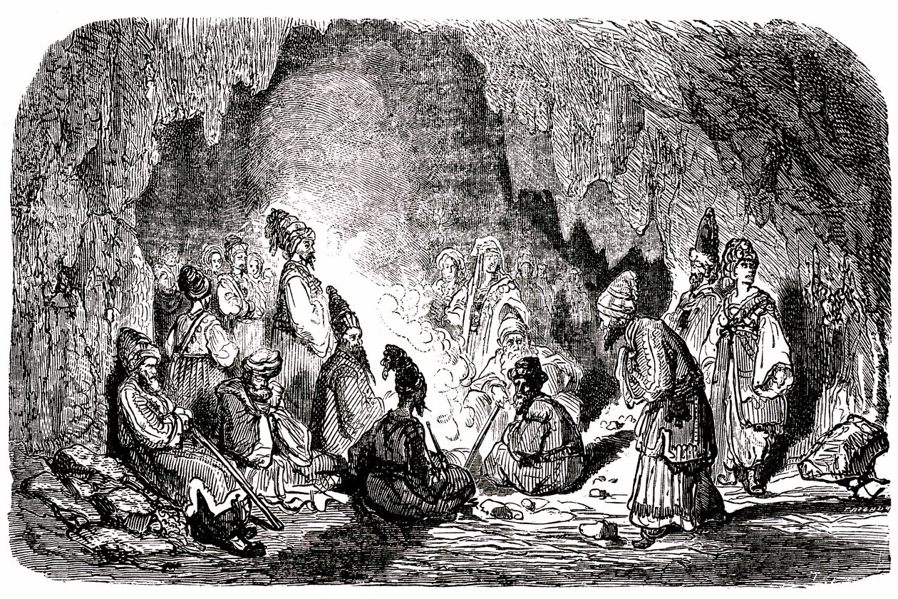 Sindbad the sailor (Sinbad) - tarina tuhannesta ja yhdestä (1001) yöstä - Gustave Doren kuvitus - Maxwellin painos 1865 - Ensimmäinen matka: Sindbad, jonka seuralaisensa ovat hylänneet keskellä merta, saapuu saarelle ja tapaa luolassa palefrenien tekijältä Gustave Dore
