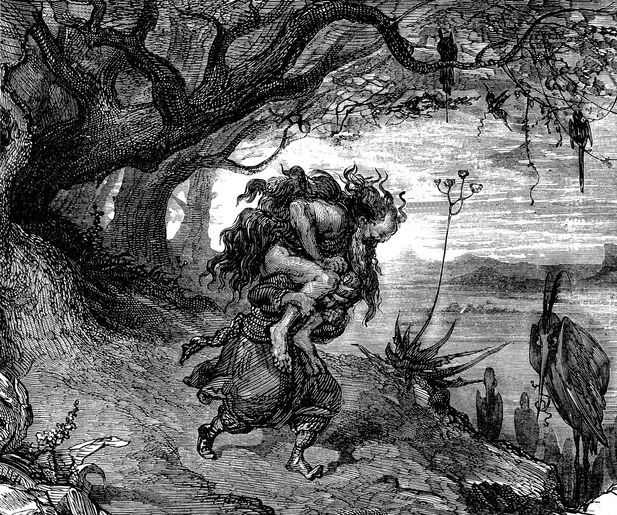 Sindbad the sailor (Sinbad) - tarina tuhannesta ja yhdestä yöstä (1001) - Gustave Doren kuvitus (yksityiskohta) - painos Maxwell 1865 - Viides matka: Sindbad joutuu kantamaan olkapäällään vanhaa miestä, joka takertuu häneen ja josta hän ei voi enää irrotta tekijältä Gustave Dore
