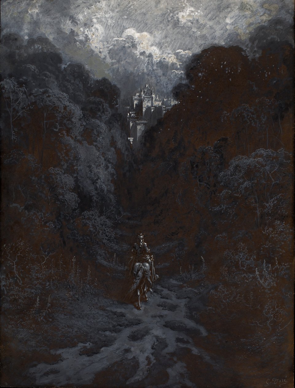 Sir Lancelot lähestyy Astolatin linnaa tekijältä Gustave Dore