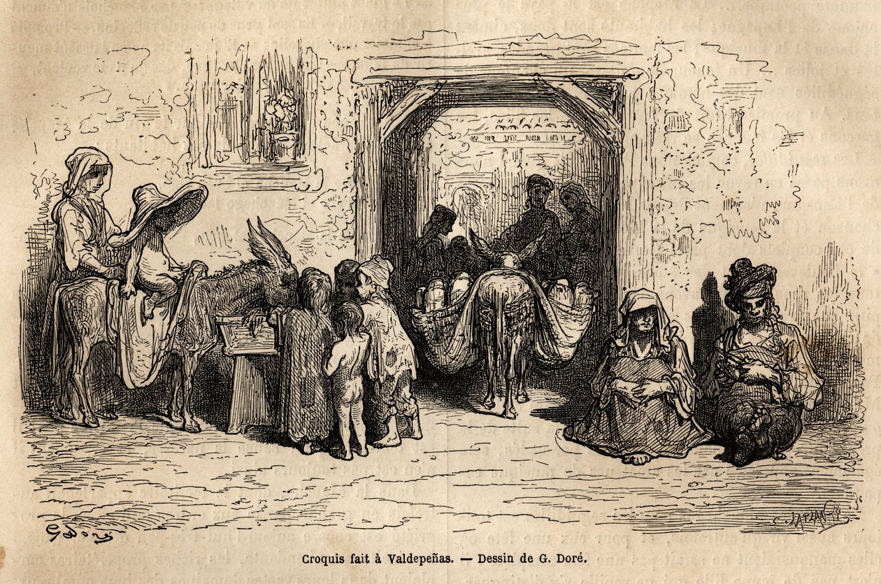 Suorassa lähetyksessä otettu sketsi: kerjäläiset Valpadenasissa (Channel). Gustave Doren (1832-1883) kuvittaja ja Baron Ch. Davillier-reaktori, vuonna 1862, julkaistiin "Le tour du monde, nouveau journal des voyages" -lehdessä tekijältä Gustave Dore