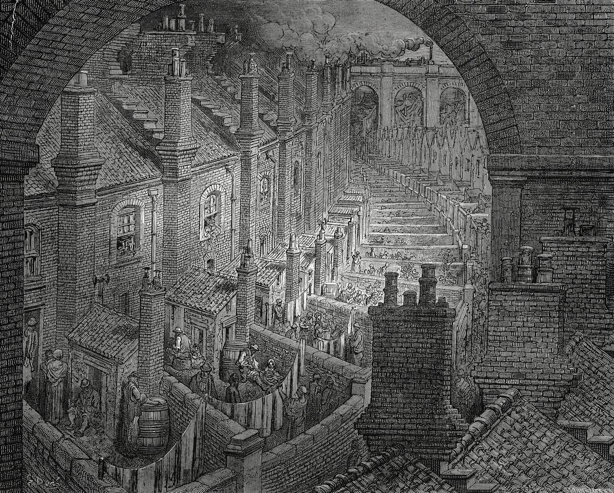 Lontoon slummit, kaiverrus Gustave Dore (1832-1883) tekijältä Gustave Dore