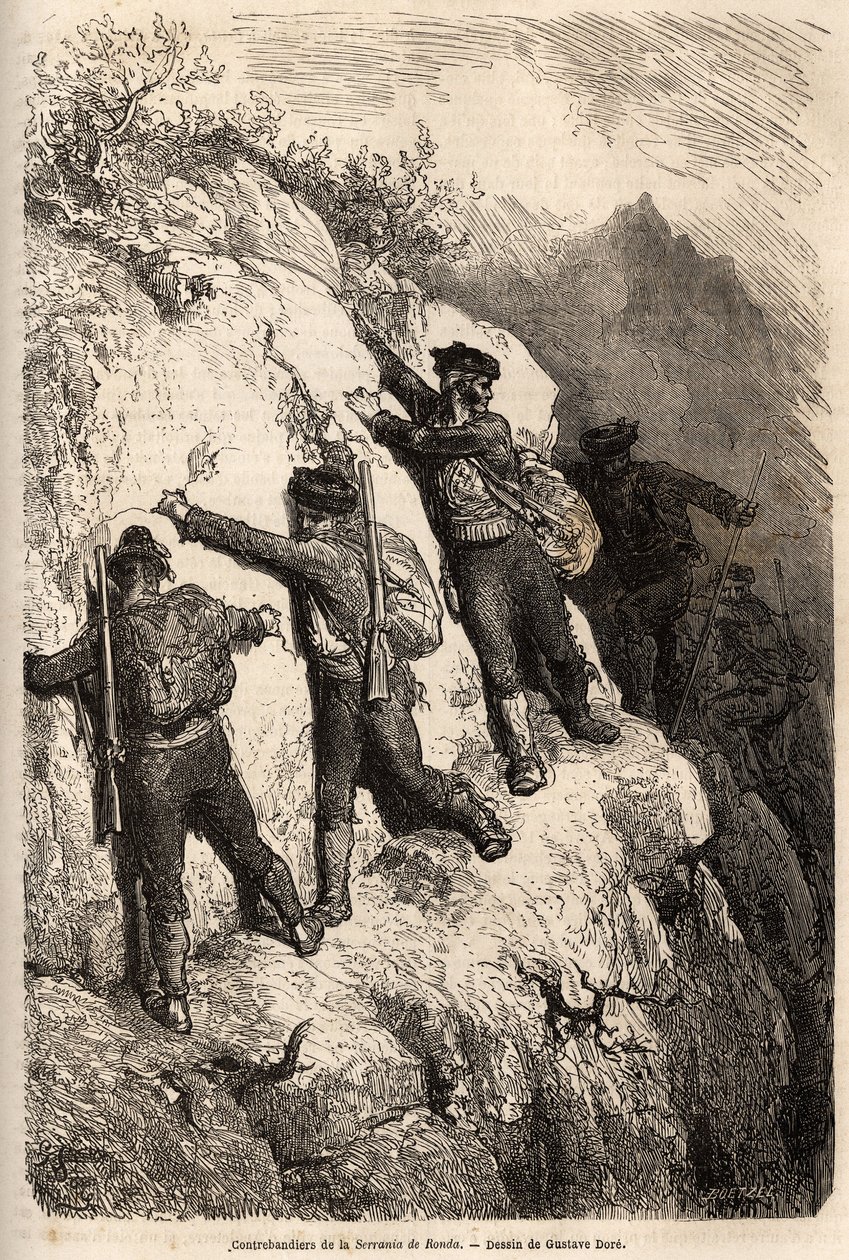 Salakuljettajat Serrania de Rondasta. Gustave Doren (1832-1883) piirros havainnollistaa hänen matkaansa Espanjaan vuonna 1862 Ch. Davillier. Kaiverrus kirjassa "" Le tour du monde", toimittanut Edouard Charton tekijältä Gustave Dore