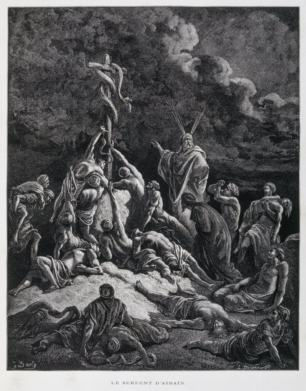 Niin Mooses teki pronssisen käärmeen ja pystytti sen pylvääseen. 4. Mooseksen kirja 21:7, kuvitus Dore Bible -kirjasta. tekijältä Gustave Dore