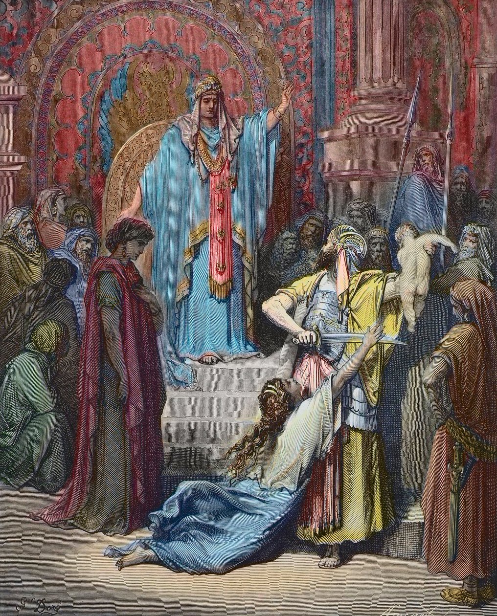Salomonin tuomio - Solomon päättää jakaa vauvan kahden kantajan kesken - Gustave Doren (1832 - 1883) kaiverrus - myöhempi väritys tekijältä Gustave Dore