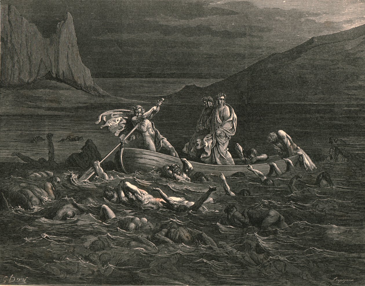 Pian kun molemmat nousevat alukseen leikkaaen aaltoja, c1890. tekijältä Gustave Dore