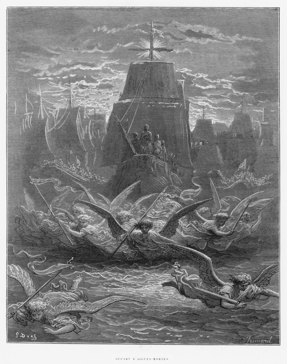 St. Louis (1214-70) lähtee Aigues-Mortesista, kuvitus Joseph Michaudin (1767-1839) "Histoire des Croisadesista" Paul Jonnard-Pacel (k.1902) 1877 tekijältä Gustave Dore