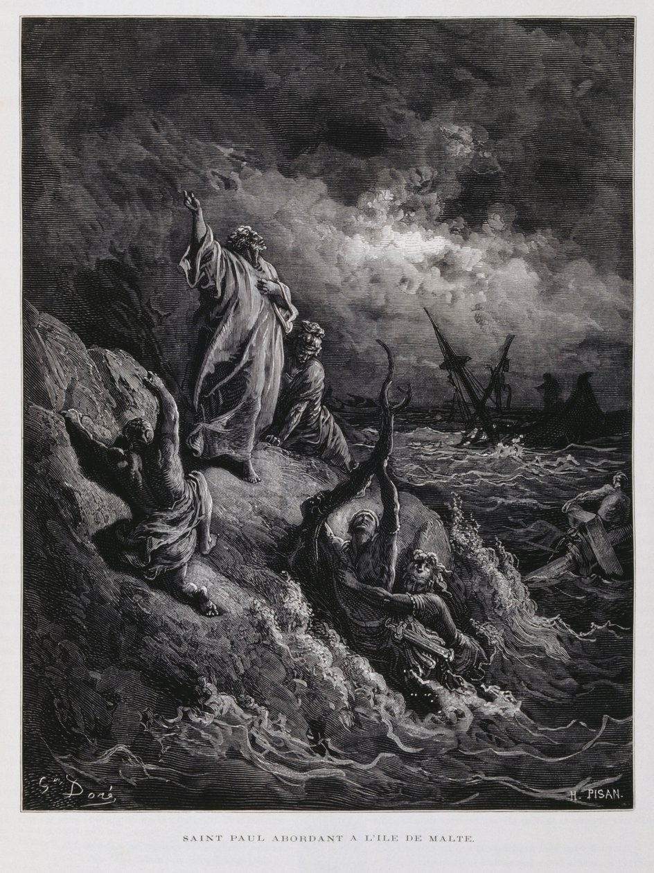 Pyhän Paavalin maihinnousu Maltalla, kuvitus Doren Raamatusta. tekijältä Gustave Dore