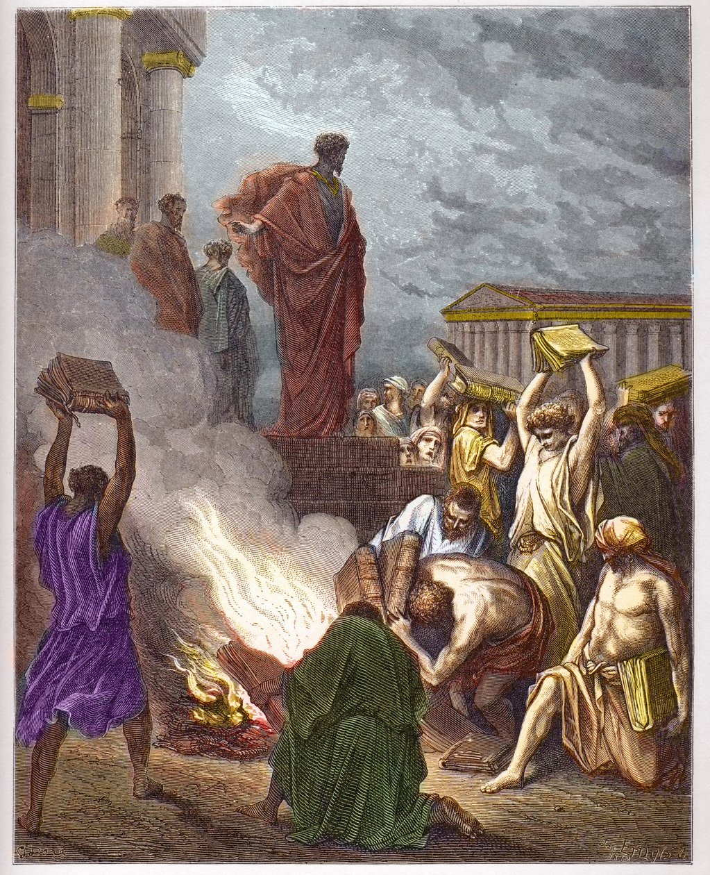 Pyhä Paavali Efesoksessa - Saint Paul a Ephese - Pyhän Paavalin ennustus Efesosta. Juutalaiset, jotka harjoittivat manausta, polttavat kirjat - - kaiverrus Gustave Doren (1832-1883) "The Bible illustree" -kirjaan - Kaiverrus "" Dore Biblesta"" tekijältä Gustave Dore
