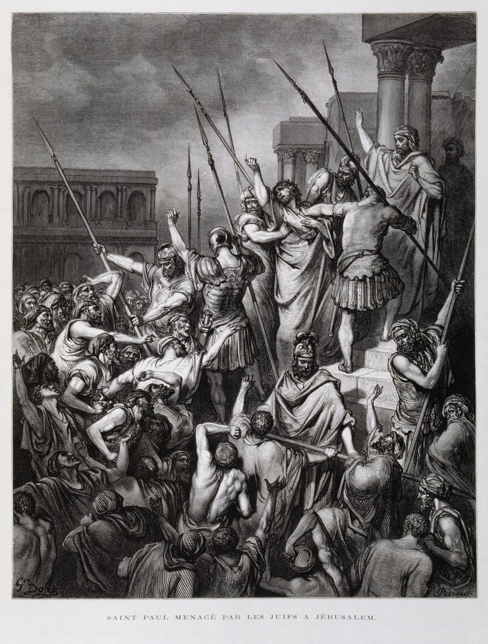 Jerusalemin juutalaiset hyökkäävät Paavalin kimppuun, kuvitus Doren Raamatusta. tekijältä Gustave Dore