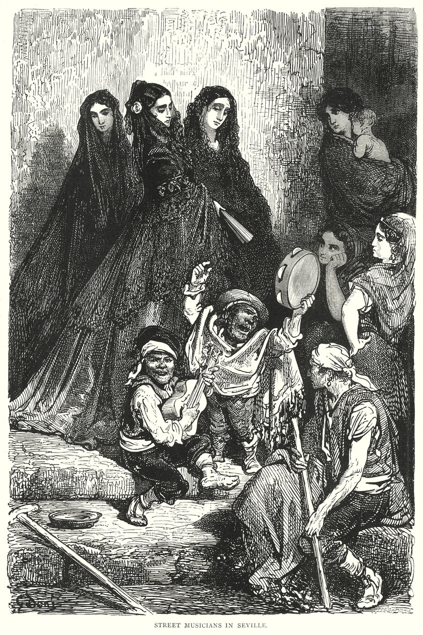 Katumuusikot Sevillassa (kaiverrus) tekijältä Gustave Dore