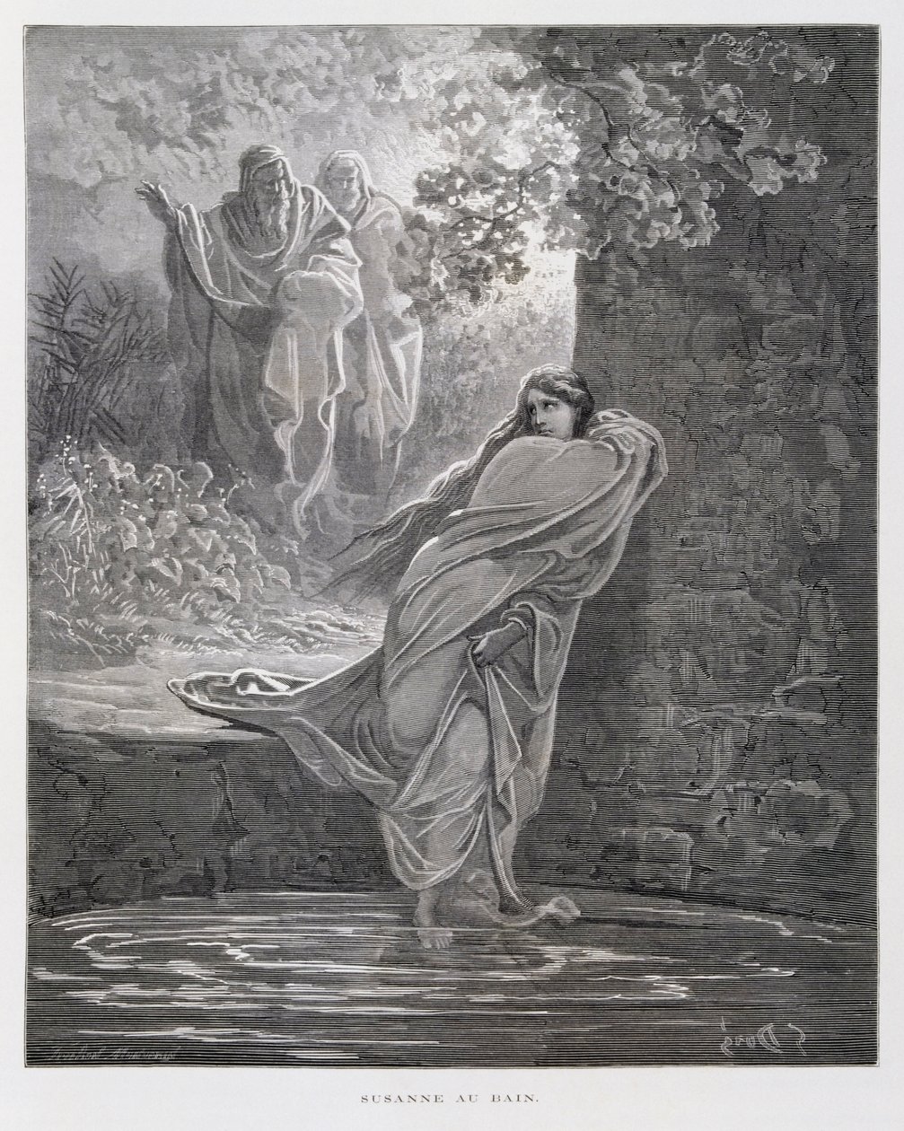 Susanna kylvyssä (Dan. 13:1-26), kuvitus Doren Raamatusta. tekijältä Gustave Dore