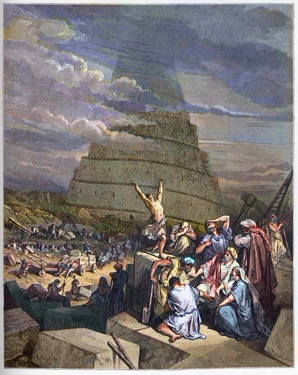 BAABELIN TORNI - Baabelin torni esimerkki Genesiksen ja kielen sekaannuksesta Jahven toimesta. Oikealla kuningas Nimrud (tai Nimrod, Nemrod) keskustelee arkkitehtien kanssa - kaiverrus Gustave Doren (1832-1883) "The Bible illustree" -kirjaan - Kaiverrus ki tekijältä Gustave Dore