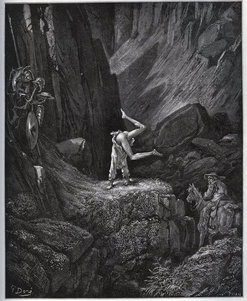 Don Quijoten akrobaattinen katumus Sierra Morenassa - Miguel Cervantesin (1547-1616) "Don Quijote de la Mancha" (Don Quijote) - Puupiirros Gustave Doren piirtämänä tekijältä Gustave Dore