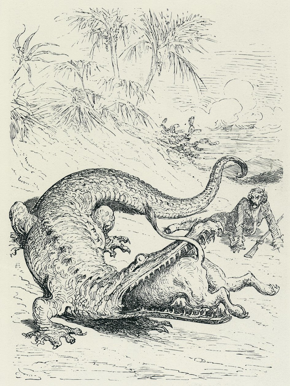 "Paroni Münchhausenin seikkailut" (Munchhausen): Leijonan jahtaama peloton Münchhausenin paroni joutuu valtavan krokotiilin tielle, joka syö leijonan. Kuvitus Gustave Doré 19. vuosisadan loppupuoli. tekijältä Gustave Dore