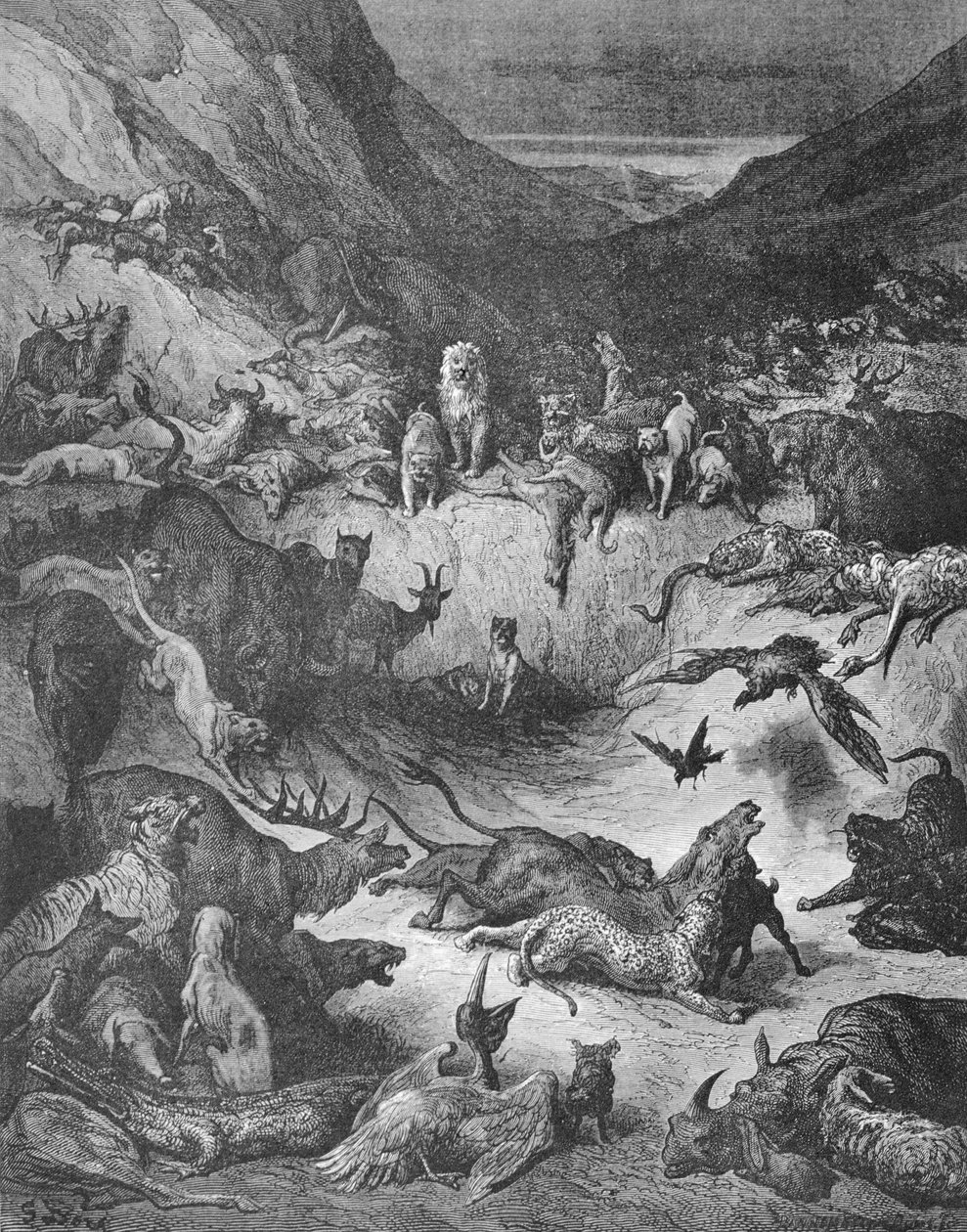 Ruttoon sairastuneet eläimet, kuvitus La Fontainen satuja varten. tekijältä Gustave Dore