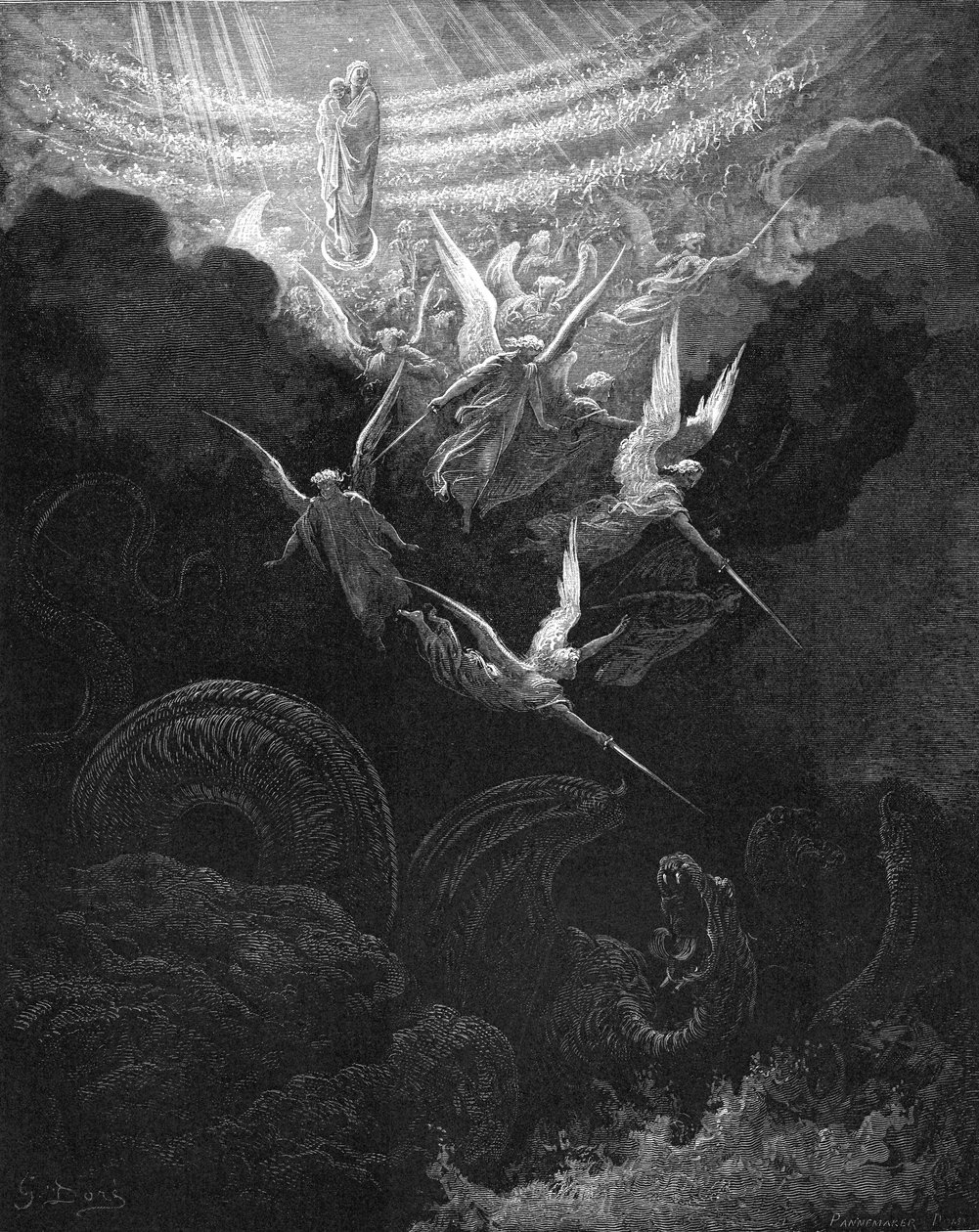 Arkkienkeli Mikael ja hänen enkelinsä taistelevat lohikäärmettä vastaan, 1865-1866 tekijältä Gustave Dore