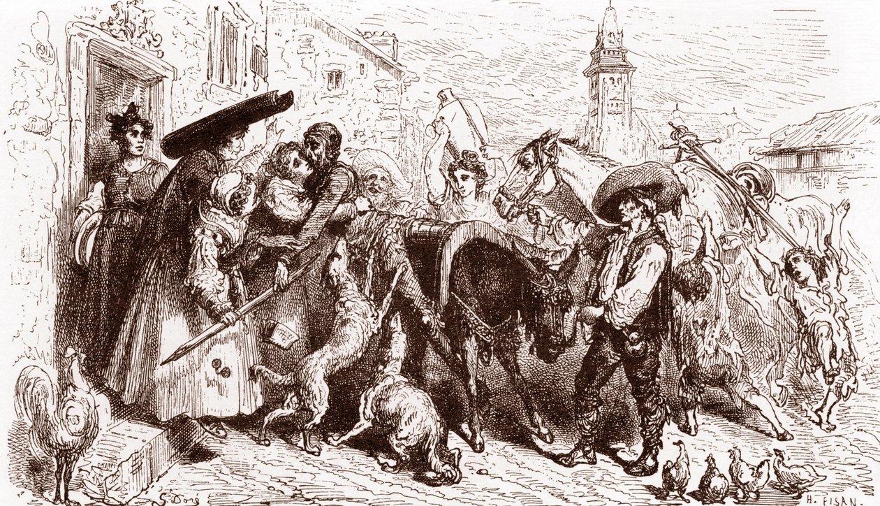 O Quixote Maltratado chega em casa Gravura de Gustave Dore (1832-1883) para “L