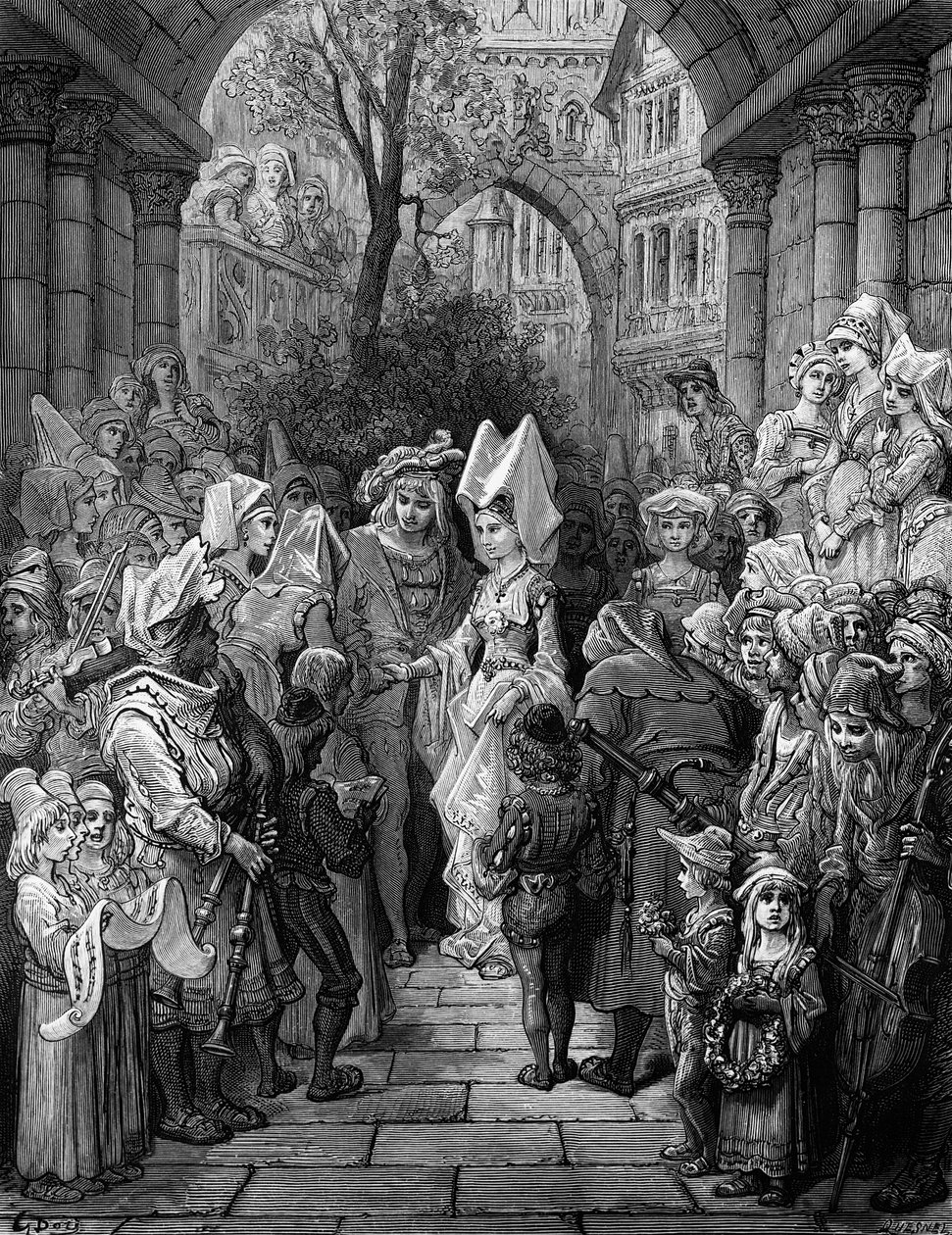 Morsian ja sulhanen astumassa saliin, kohtaus S.T.n elokuvasta The Rime of the Ancient Mariner Coleridge, julkaisija Harper und Brothers, New York, 1876 (puukaiverrus) tekijältä Gustave Dore