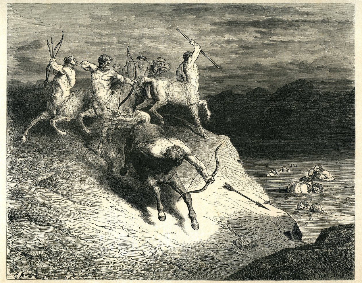 Kentaurit heittävät nuolia Styxin suolta tulevia patoja vastaan. Kaiverrus Dante Alighierin teoksesta The Hell (Divine Comedie), jonka on kuvittanut Gustave Dore. Ranskalainen painos vuodelta 1861. "Noi ci appressammo a quel proud snelle. (Me lähestymme tä tekijältä Gustave Dore