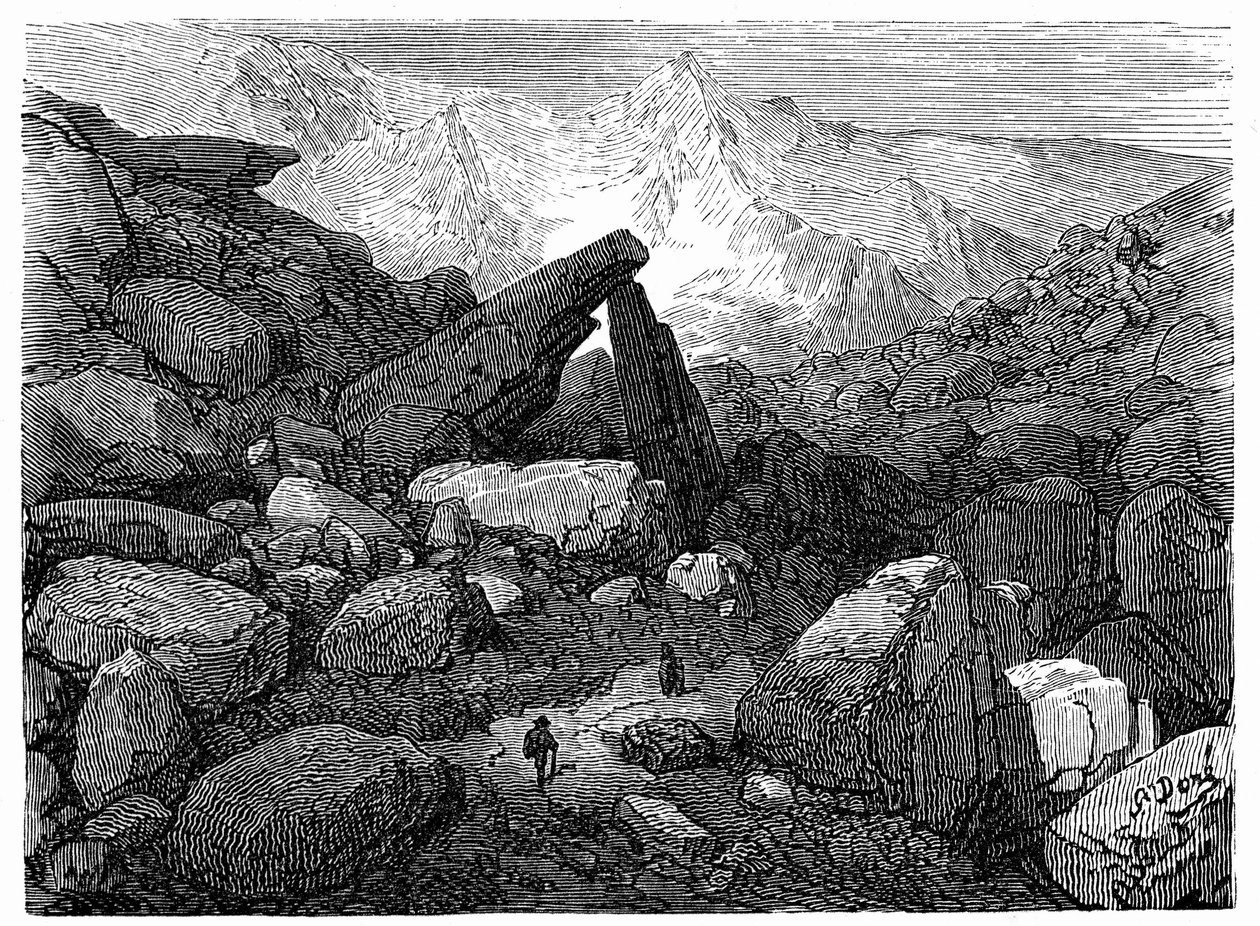 Kaaoksen polku, joka johtaa Cirque de Gavarnieen: Gustave Doren kaiverrus, joka kuvittaa kirjaa "Hippolyte Tainen matka Pyreneille", Hachette 1860. tekijältä Gustave Dore