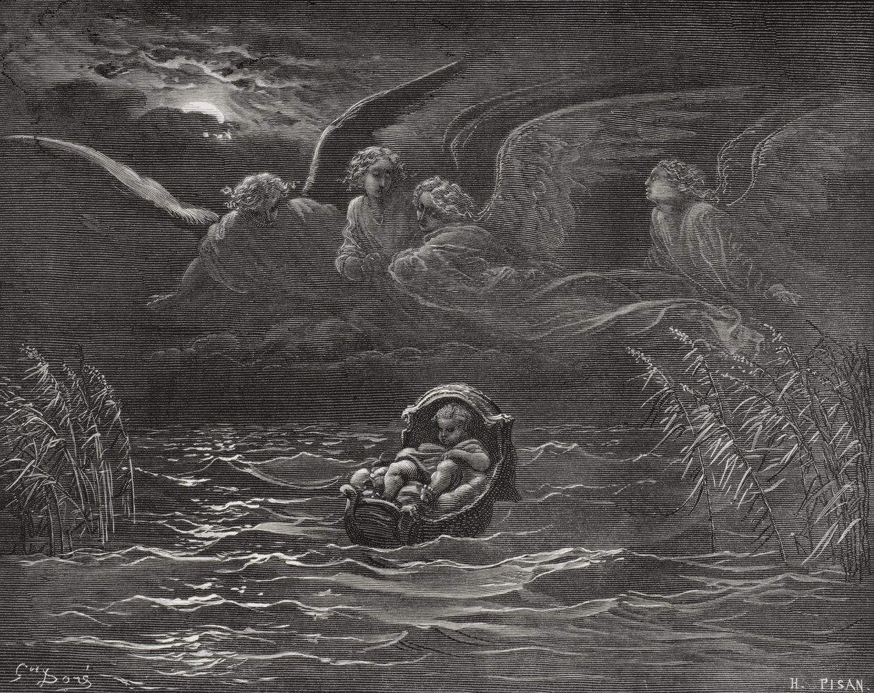 The Child Moses on the Nile, Exodus 2:1-4, illustration from Dore