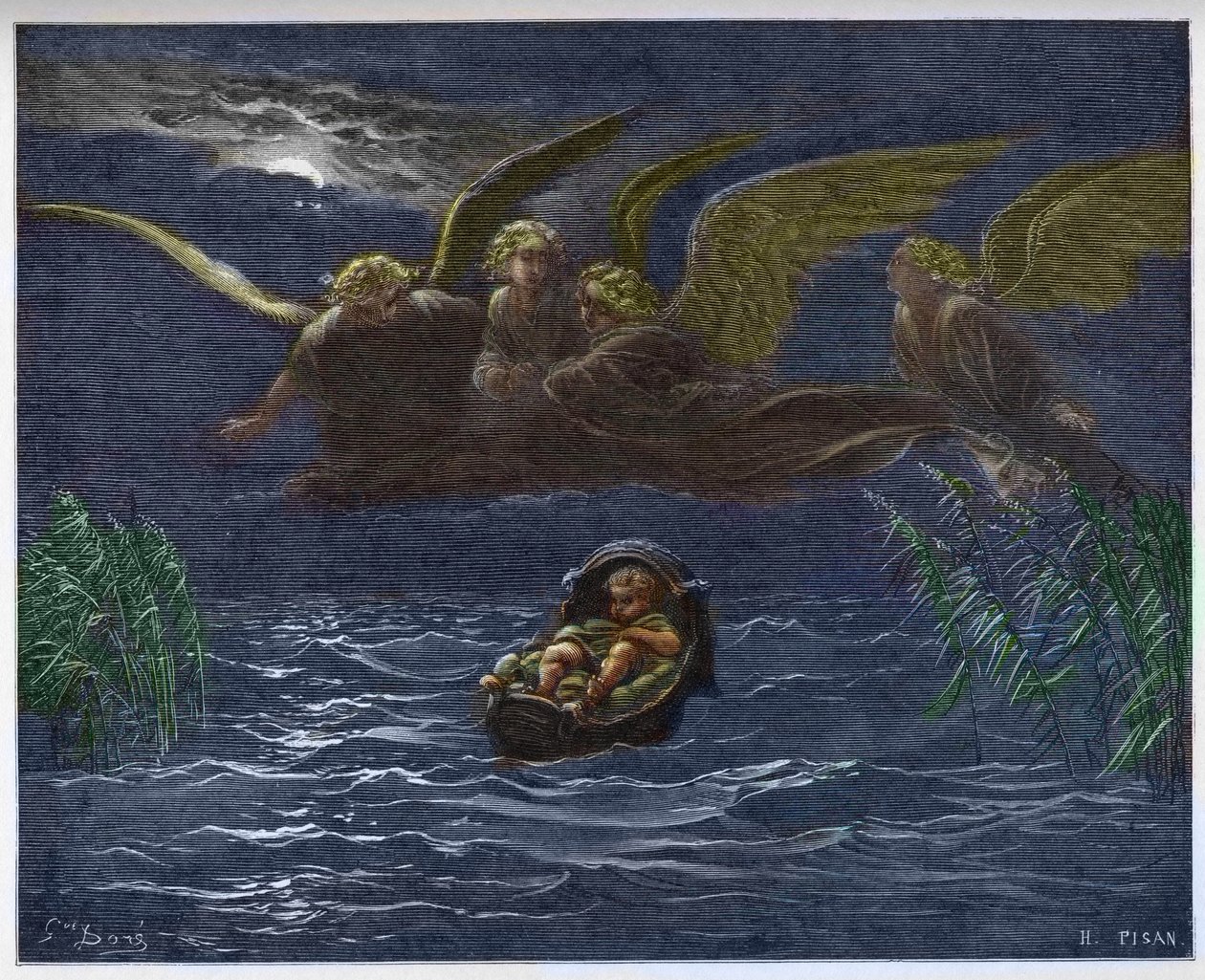 Mooseslapsi Niilillä suojelusenkeleiden ympäröimänä - tekijältä Gustave Dore