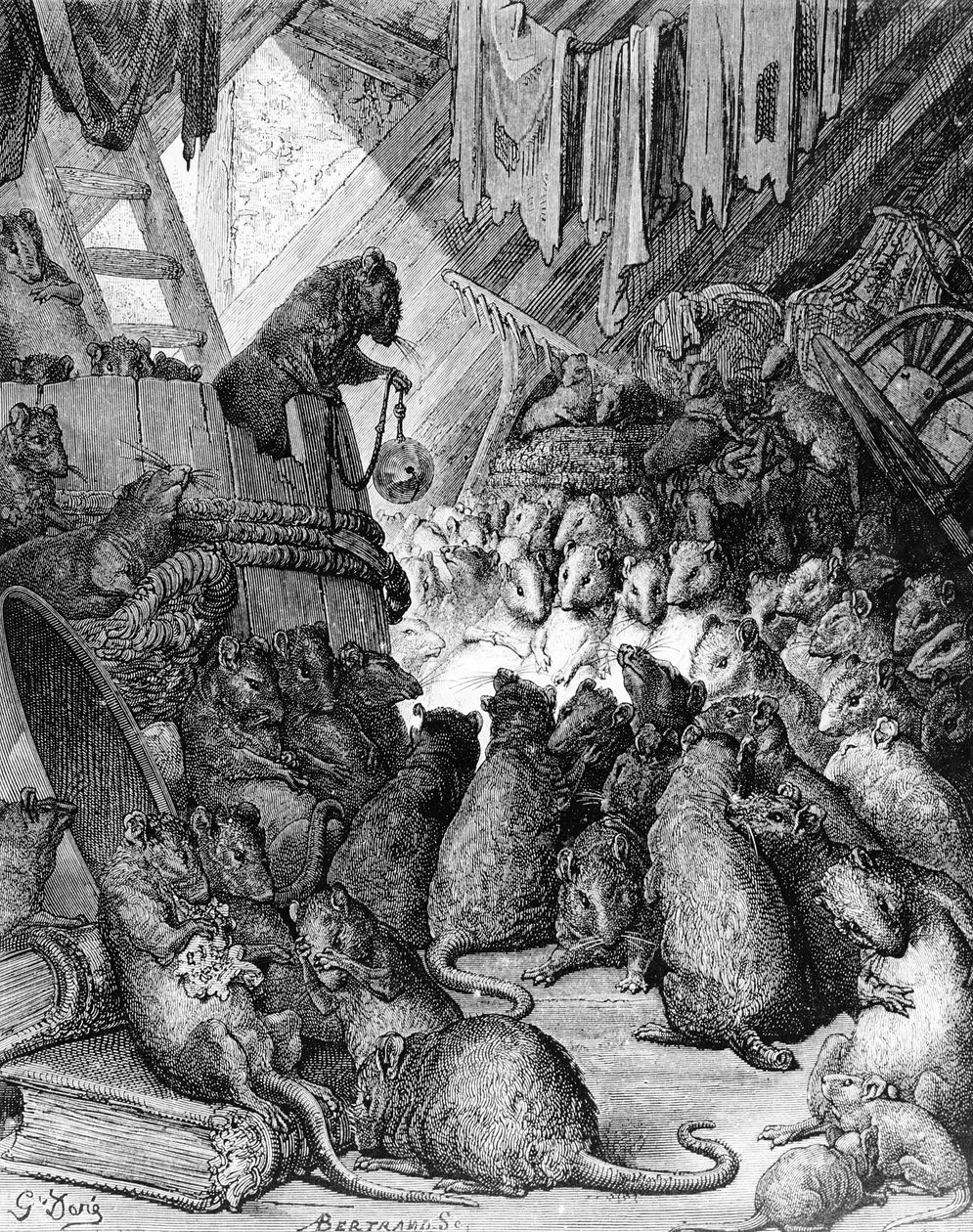 Rottien pitämä neuvosto, La Fontainen taruista, kaiverrettu Antoine Valerie Bertrandin (s.1823) toimesta noin 1868. tekijältä Gustave Dore