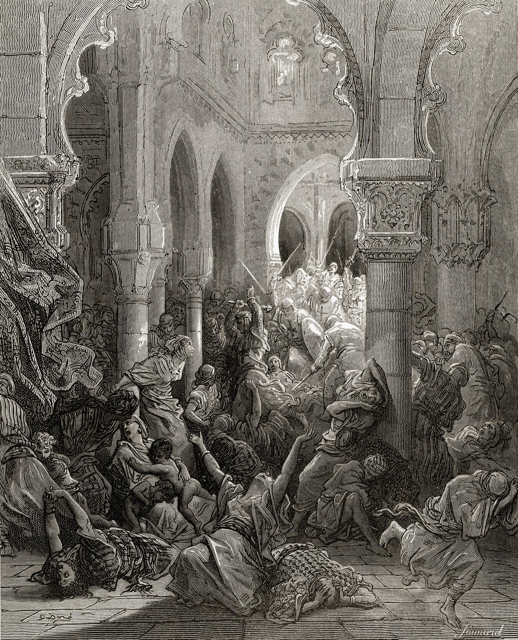 Ristiretkeläiset verilöylyttävät Kesarean asukkaita, kuva J-F. Michaud, 1877 tekijältä Gustave Dore
