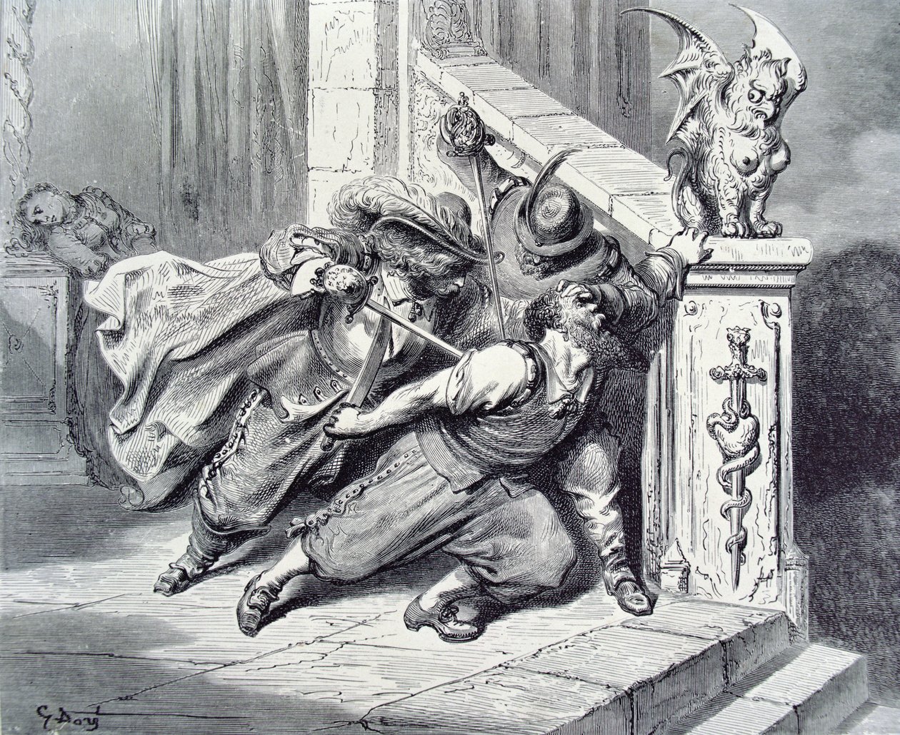 Siniparran kuolema, kuvitus Charles Perraultin (1628-1703) teokseen Bluebeard 1893 tekijältä Gustave Dore