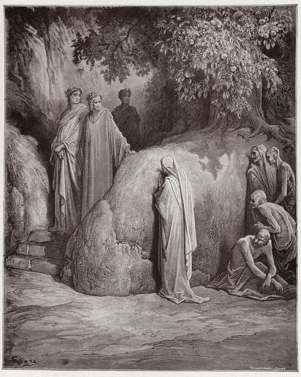 Jumalallinen komedia (La Divina Comedia, La Divine Comedie), Purgatorio, Canto 23: Dante tunnistaa Foresen varjon ahmattisista - Dante Alighieri (1265-1321) - Kuvitus Gustave Doresta (1832-1883) tekijältä Gustave Dore