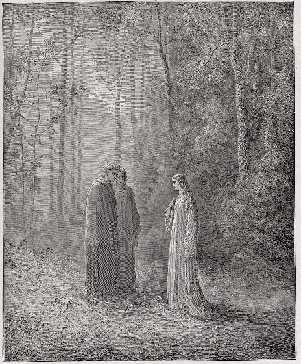 Jumalallinen komedia (La Divina Comedia, La Divine Comedie), Purgatorio, Canto 5: Dante puhuu Pia de Tolomein (Tolommei) kanssa - Dante Alighieri (1265-1321) - Kuvitus Gustave Dore (1832-1883) tekijältä Gustave Dore