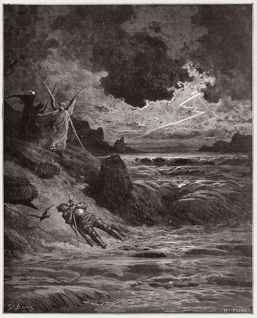Jumalallinen komedia (La Divina Comedia, La Divine Comedie), Purgatorio, Canto 5: Buonconte da Montefeltron ruumis Arnossa - Dante Alighieri (1265-1321) - Kuvitus Gustave Doresta (1832-1883) tekijältä Gustave Dore