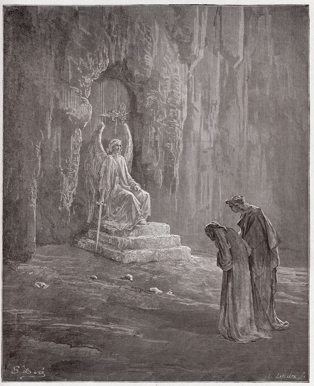 Jumalallinen komedia (La Divina Comedia, La Divine Comedie), Purgatorio, Canto 9: Dante ja Vergilius Kiirastustulin porteilla - Dante Alighieri (1265-1321) - Kuvitus Gustave Dore (1832-1883) tekijältä Gustave Dore
