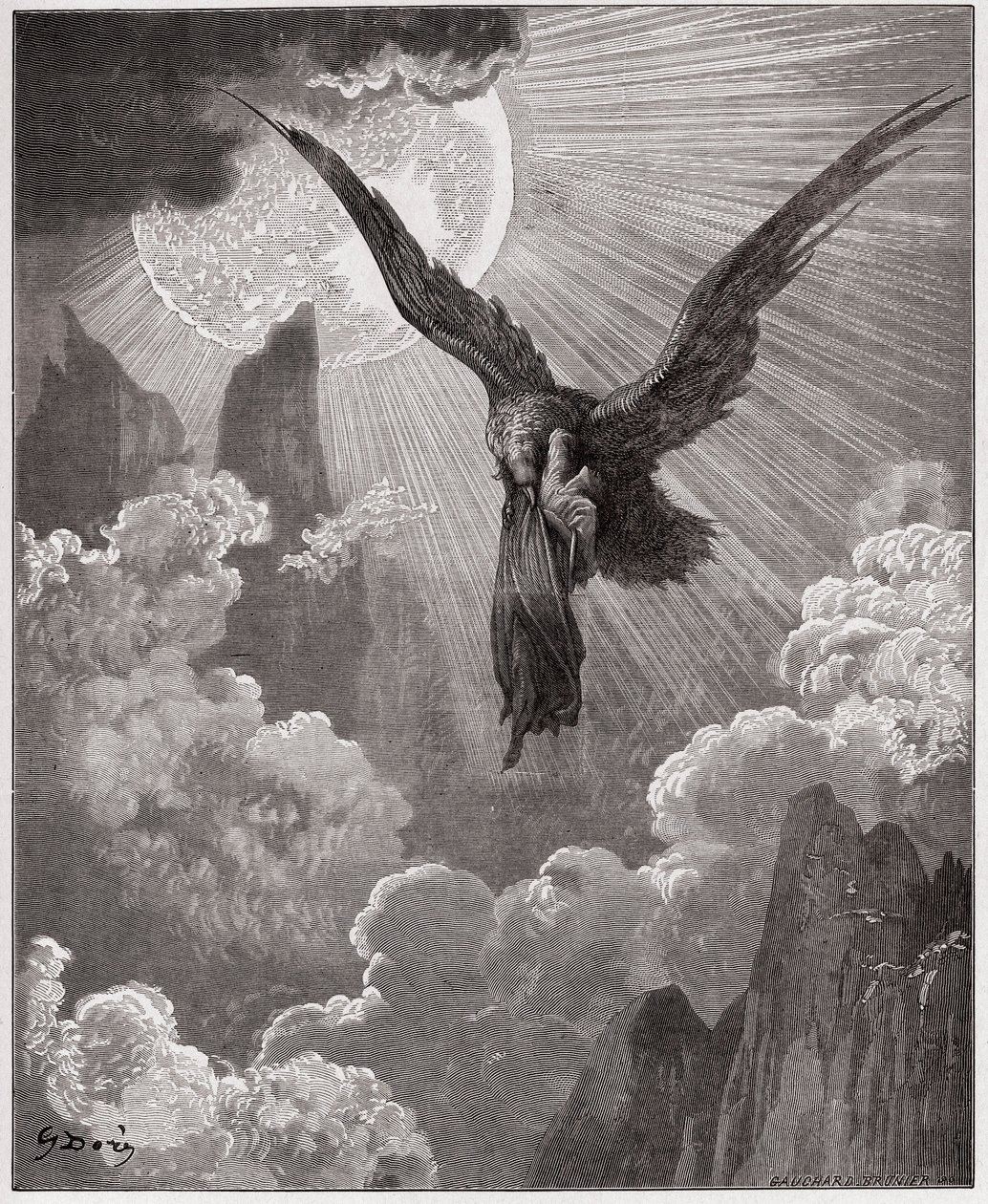 Jumalallinen komedia (La Divina Comedia, La Divine Comedie), Purgatorio, Canto 9: Dante, unessa, viedään kotkalle - Dante Alighieri (1265-1321) - Kuvitus Gustave Dore (1832-1883) tekijältä Gustave Dore