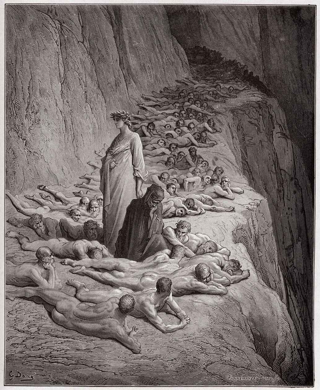 Jumalallinen komedia (La Divina Comedy, La Divine Comedie), Purgatorio, Canto 19: Ahneiden sielut: Adrian V puhuu Dantelle - Dante Alighieri (1265-1321) - Gustave Doren (1832-1883) kuvitus tekijältä Gustave Dore