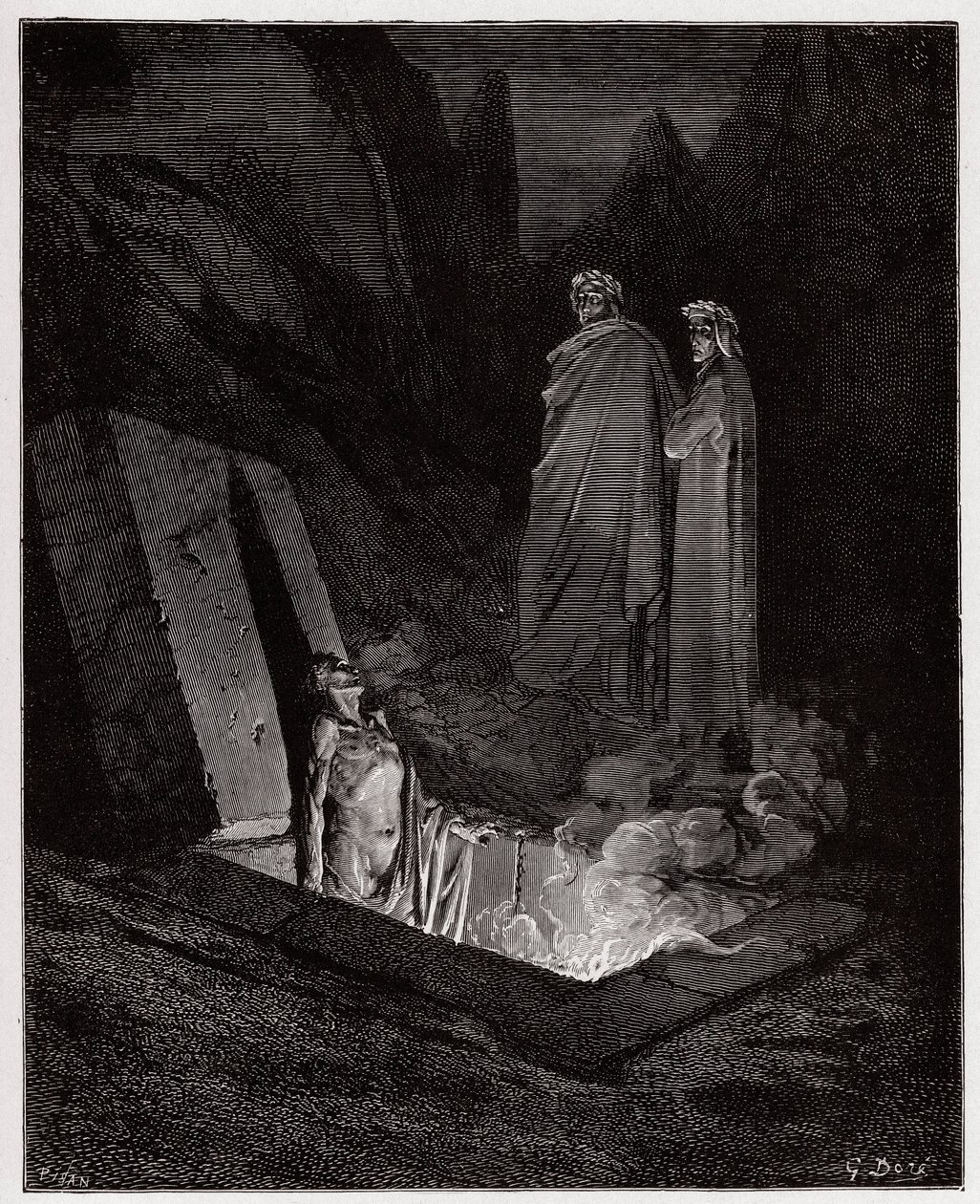 Jumalallinen komedia (La Divina Commedia, La Divine Comedie), Inferno, Canto 10: Farinata degli Uberti puhuu Dante - kirjoittanut Dante Alighieri (1265-1321) - Kuvitus Gustave Doresta (1832-1883) tekijältä Gustave Dore