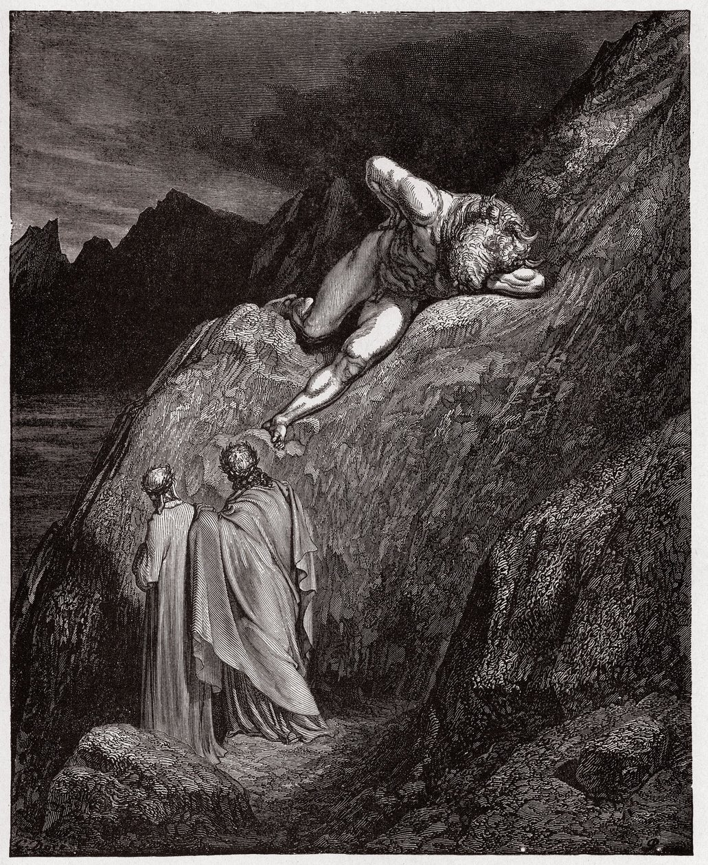 Jumalallinen komedia (La Divina Commedia, La Divine Comedie), Inferno, Canto 12: Minotaurus särkyneellä kalliolla - Dante Alighieri (1265-1321) - Kuvitus Gustave Dore (1832-1883) tekijältä Gustave Dore